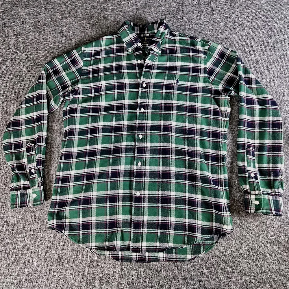 Ralph Lauren Performance Flannel Mens Large Green Blue Plaid Custom Fit Shirt